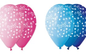 Set 10 palloncini rosa o azzurri sfumati in lattice con decoro baby, adatti per gonfiaggio ad elio o ad aria. Ass 3 per colore.