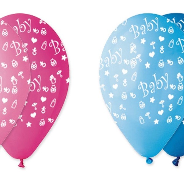 Set 100 palloncini rosa o azzurri sfumati in lattice con decoro baby, adatti per gonfiaggio ad elio o ad aria. Ass 3 per colore.