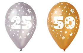 Set 10 palloncini oro o argento in lattice con decoro anniversari, adatti per gonfiaggio ad elio o ad aria. CM 30