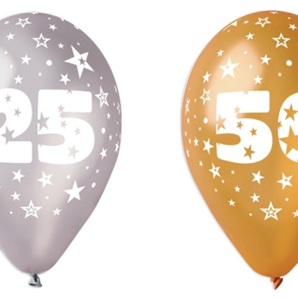 Set 100 palloncini oro o argento in lattice con decoro anniversari, adatti per gonfiaggio ad elio o ad aria. CM 30