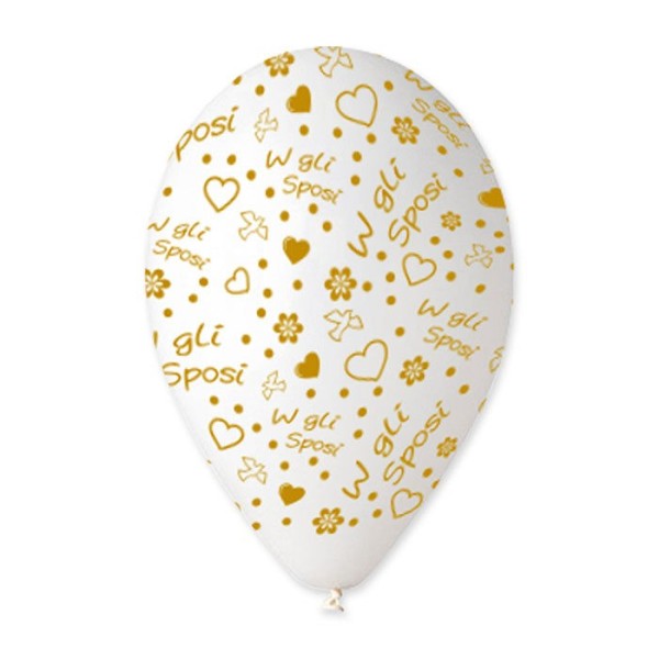 Set 100 palloncini trasparenti in lattice con decoro e scritta "W gli sposi" oro, adatti per gonfiaggio ad elio o ad aria. CM 30