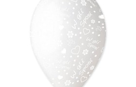 Set 10 palloncini trasparenti in lattice con decoro e scritta "W gli sposi" bianca, adatti per gonfiaggio ad elio o ad aria. CM
