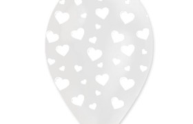 Set 10 palloncini trasparenti in lattice con decoro cuori bianchi, adatti per gonfiaggio ad elio o ad aria. CM 30
