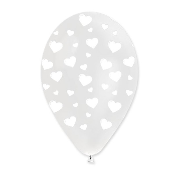 Set 10 palloncini trasparenti in lattice con decoro cuori bianchi, adatti per gonfiaggio ad elio o ad aria. CM 30