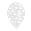 Set 100 palloncini trasparenti in lattice con decoro cuori bianchi, adatti per gonfiaggio ad elio o ad aria. CM 30