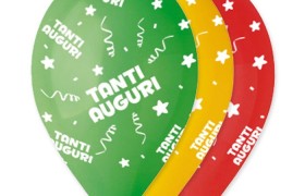 Set 100 palloncini multicolor in lattice con decoro "Tanti auguri", adatti per gonfiaggio ad elio o ad aria. CM 30