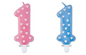 Candelina numero 1, rosa o azzurra a cuoricini.  CM 8