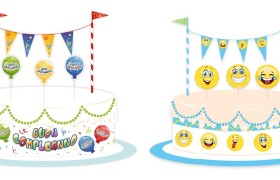 Set decorazione torta in cartoncino: girotorta, 3 picks, decorazione con festoni.