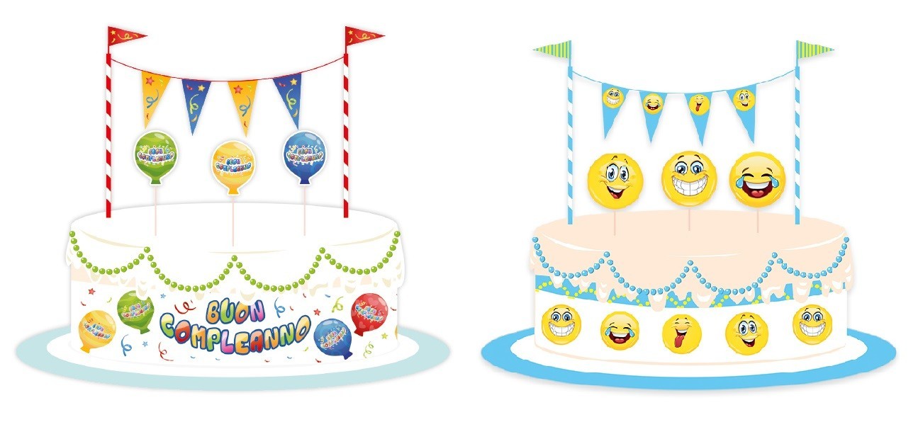 Set decorazione torta in cartoncino: girotorta, 3 picks, decorazione con festoni.
