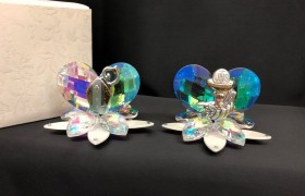 Cuore cristallo boreale su base vetro fiore con placca immagine sacra e scatola. CM 6 MADE IN ITALY