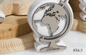 Profumatore resina e legno forma globo con scatola, profumo interno e scatolina pvc porta confetti. CM 8x6.5 MADE IN ITALY