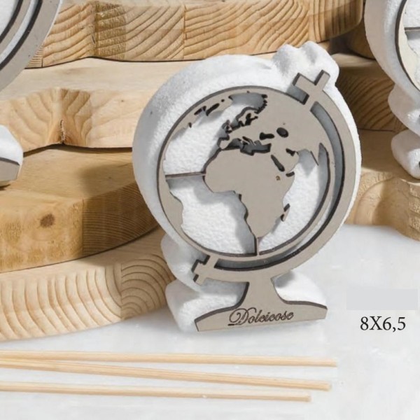 Profumatore resina e legno forma globo con scatola, profumo interno e scatolina pvc porta confetti. CM 8x6.5 MADE IN ITALY