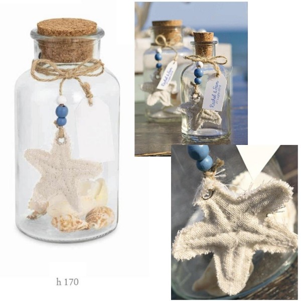 Bottiglietta vetro con tappo sughero e decorazioni marinare. H 17