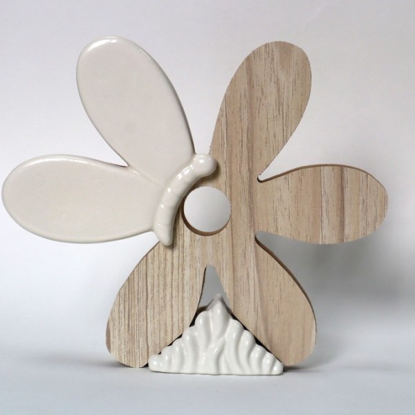 Fiore legno e porcellana bianca. CM 15x3 H 13