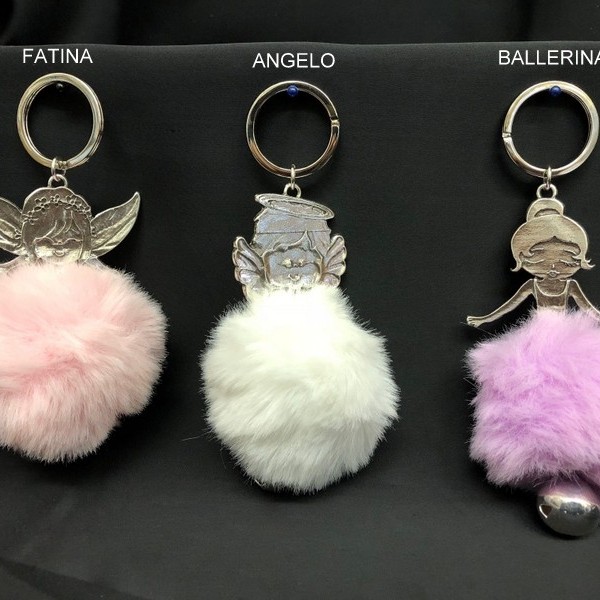 Portachiavi metallo con bagno argento e pon pon con chiama-angeli. CM 16 MADE IN ITALY