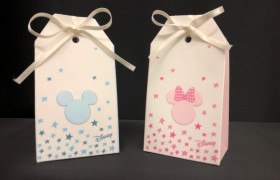 Scatola cartoncino forma bustina con decoro Disney e stelline, rosa o azzurro. CM 5.5x3.5 H 10