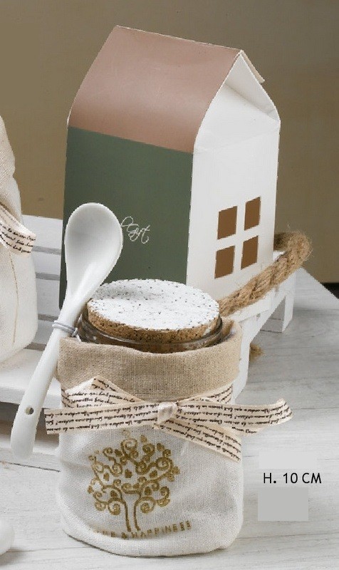 Barattolo vetro con tappo sughero e cucchiaio ceramica, con scatola forma casa.