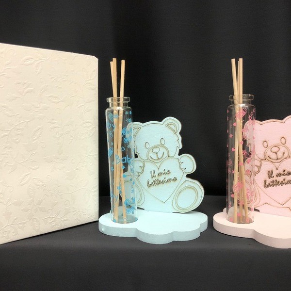 Profumatore provetta vetro con base legno orsetto baby, rosa o azzurro con scatola. Base CM 10x7 H 12