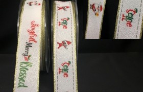 Nastro tessuto animato bordo oro con stampa babbo natale o elfi. MT 15 MM 25
