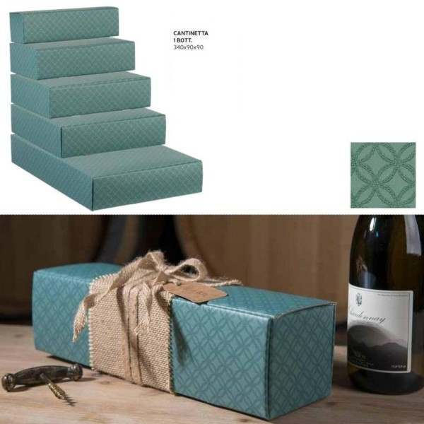 Scatola cartoncino per 1 bottiglia verde eucalipto. CM 34x9 H 9