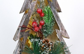 Albero legno con luce LED, rami, pigne e decorazioni natalizie. CM 30x18.5