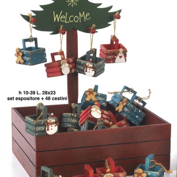 Set 48 cestini in legno da appendere con espositore coordinato. CM 23x23 H 10-39