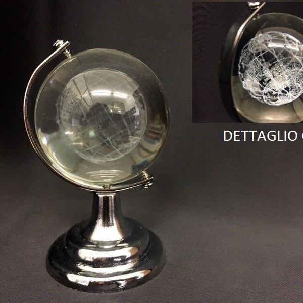 Globo vetro, interno inciso laser, con base metallo. H 8.5