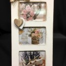 Portafoto triplo da appendere in legno con applicazione cuori e fiocchi. Foto: CM 12x8 TOT CM 37x19 - MADE IN ITALY