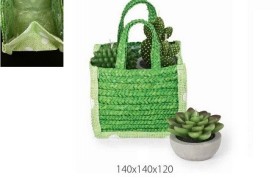 Borsetta verde con manico, riverstimento plastificato all'interno. CM 14x14 H 12