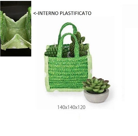 Borsetta verde con manico, riverstimento plastificato all'interno. CM 14x14 H 12