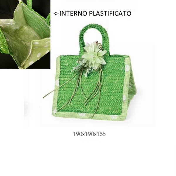 Borsetta verde con manico, riverstimento plastificato all'interno. CM 19x19 H 16.5