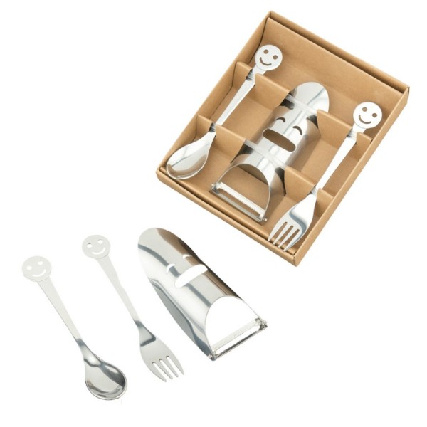 Set cucchiaino, forchettina e pelapatate smile in metallo con scatola. Forch CM 14