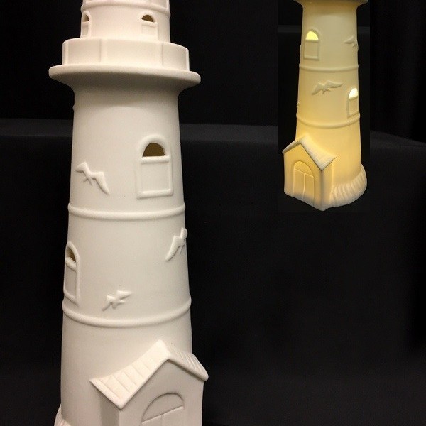 Faro ceramica, decoro gabbiani, con luce LED. Diam. 9,5 H 25