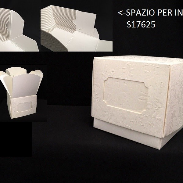Scatola cartoncino con apertura a fiore e spazio per inserto. CM 6.5x6.5 H 7