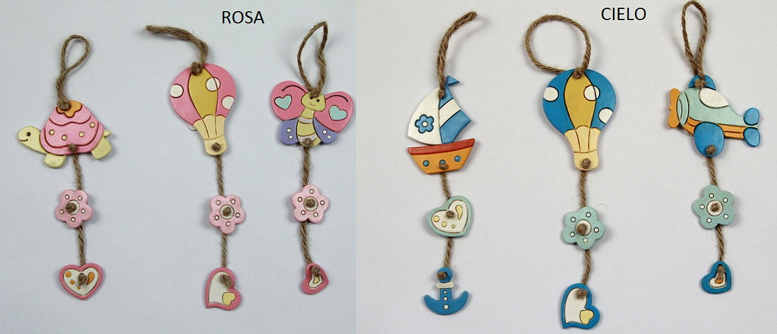 Tris appendini in resina con corda. Ass 3 per colore. CM 23