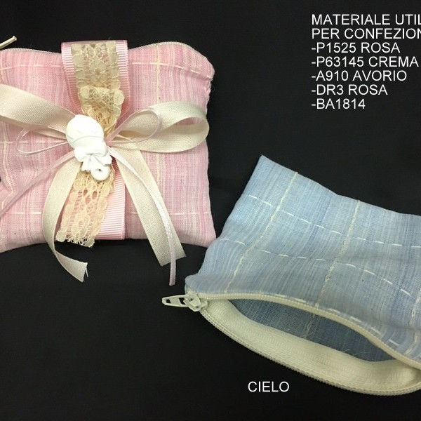 Sacchetto bustina tessuto impunturato, rosa o azzurro, con zip. CM 11x10