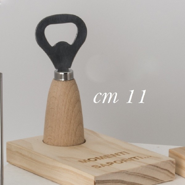 Apribottiglia metallo con manico su base legno con scatola. CM 11 Base CM 8x12 H 1.5