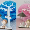 Albero in legno con luce e bimbo resina. H 16