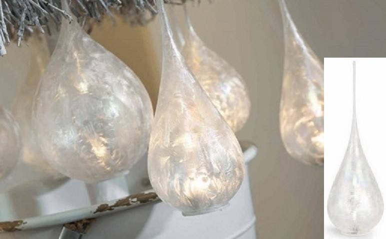 Goccia vetro satinato da appendere con luce LED. Diam. 8 H 23