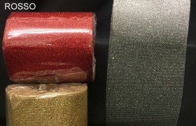 Rete trama stretta glitterata oro, rosso o argento. MT 20. H CM 10