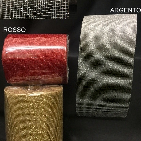 Rete trama stretta glitterata oro, rosso o argento. MT 20. H CM 10