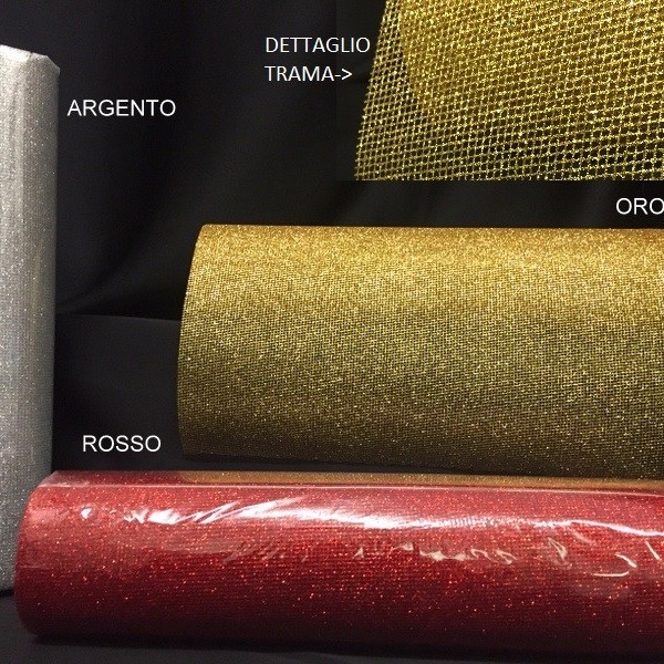 Rete trama stretta glitterata argento, oro o rosso. MT 10. H CM 30