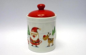 Barattolo ceramica con decori natalizi. H 19 Diam. 12