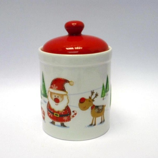 Barattolo ceramica con decori natalizi. H 19 Diam. 12
