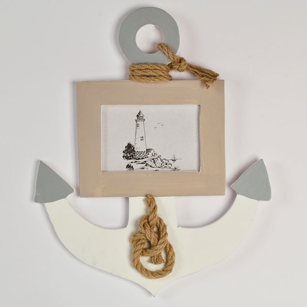 Portafoto in legno forma ancora con decori marini. CM 29x3 H 35