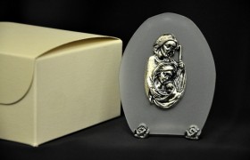 Ovale vetro con immagine Sacra Famiglia CM 9x7 con scatola