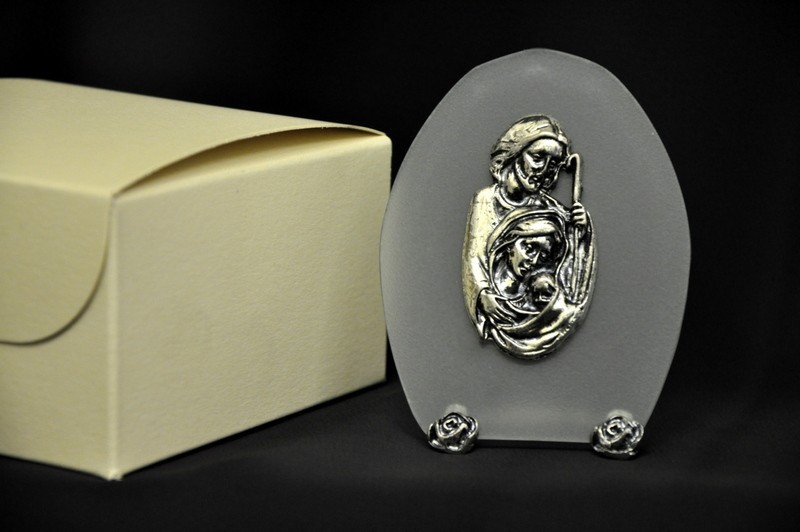Ovale vetro con immagine Sacra Famiglia CM 9x7 con scatola