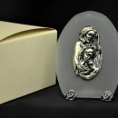 Ovale vetro con immagine Sacra Famiglia CM 9x7 con scatola