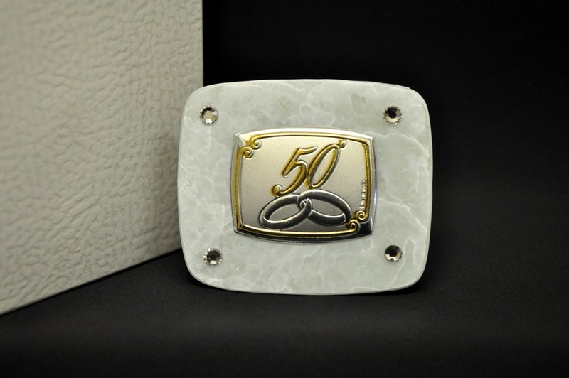 Icona vetro con placca argento 50° e strass. CM 6.5x5.5 con scatola. MADE IN ITALY