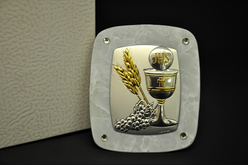 Icona vetro con placca argento comunione e strass. CM 6.5x5.5 con scatola. MADE IN ITALY